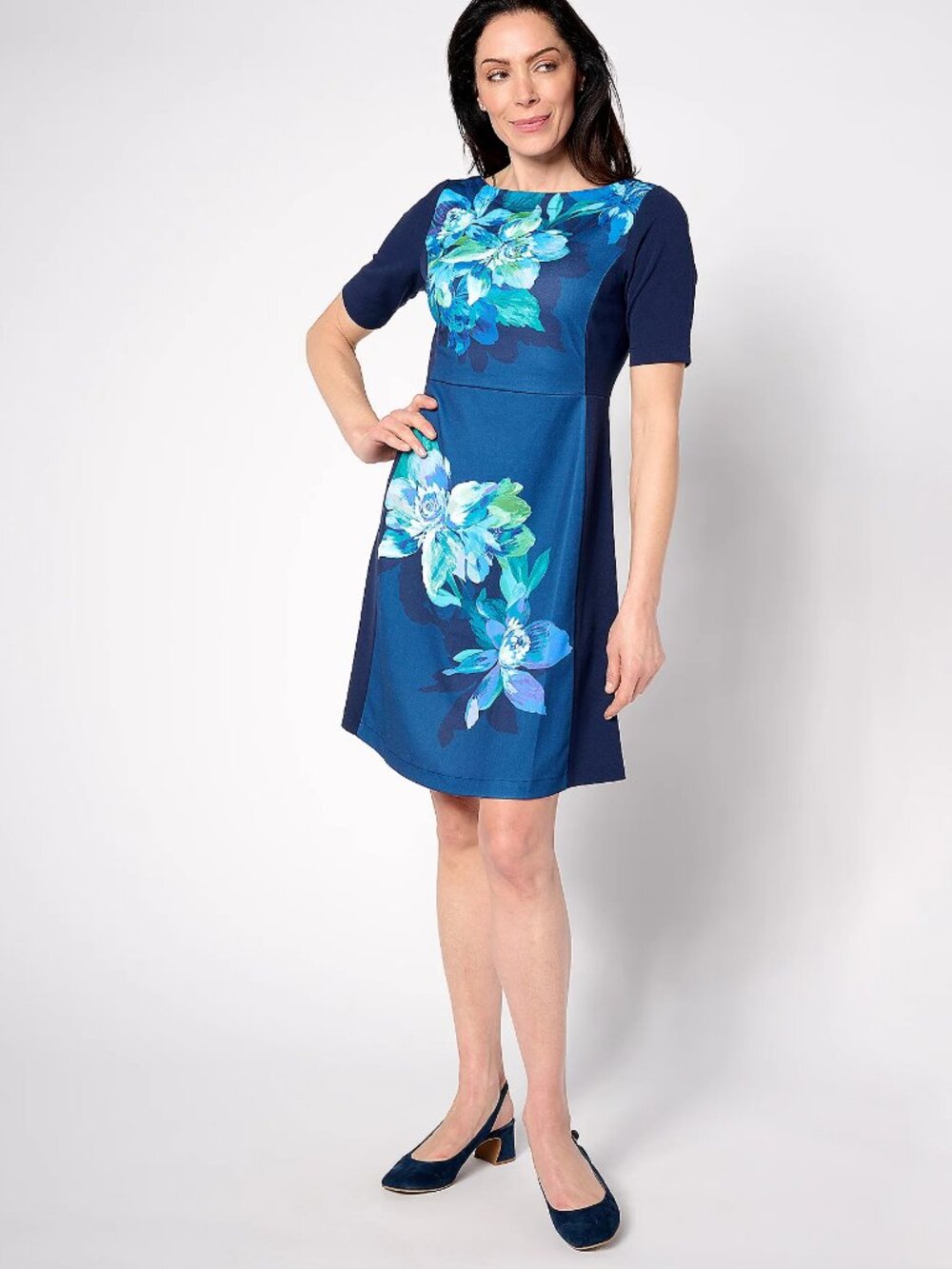 Isaac Mizrahi Regular Placement Print Elbow Sleeve Shift Dress, Blue Sz M a63442